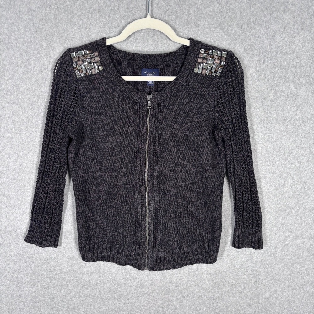 American Eagle Cardigan Sweater XS Crochet‎ Sleeve Bling Embellish Glam 90s Y2K